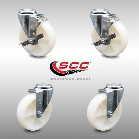 Service Caster 5 Inch SS Nylon Wheel Swivel Bolt Hole Caster Set with 2 Brakes SCC-SSBH20S514-NYS-2-TLB-2
